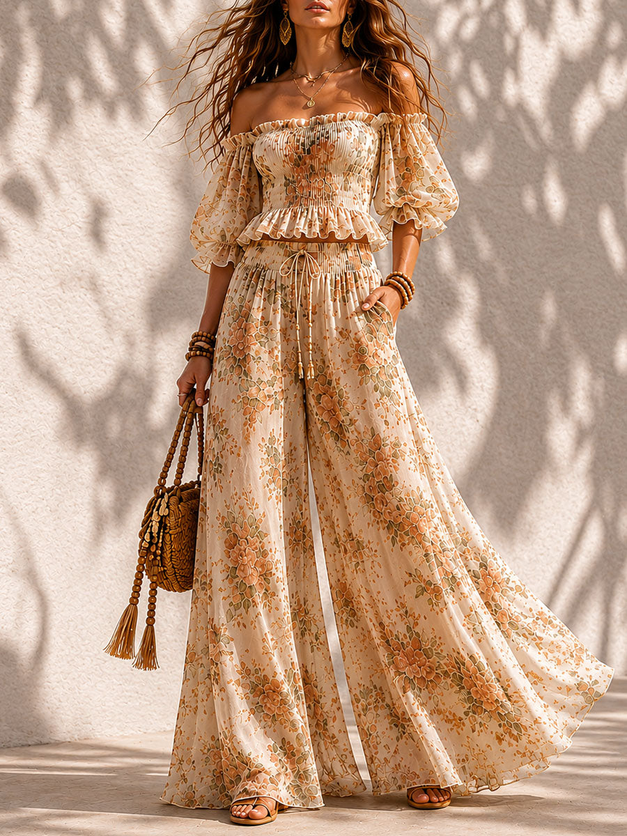 Boho Floral Off-Shoulder Smocked Top & Wide-Leg Pants Two-Piece Set