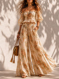 Boho Floral Off-Shoulder Smocked Top & Wide-Leg Pants Two-Piece Set