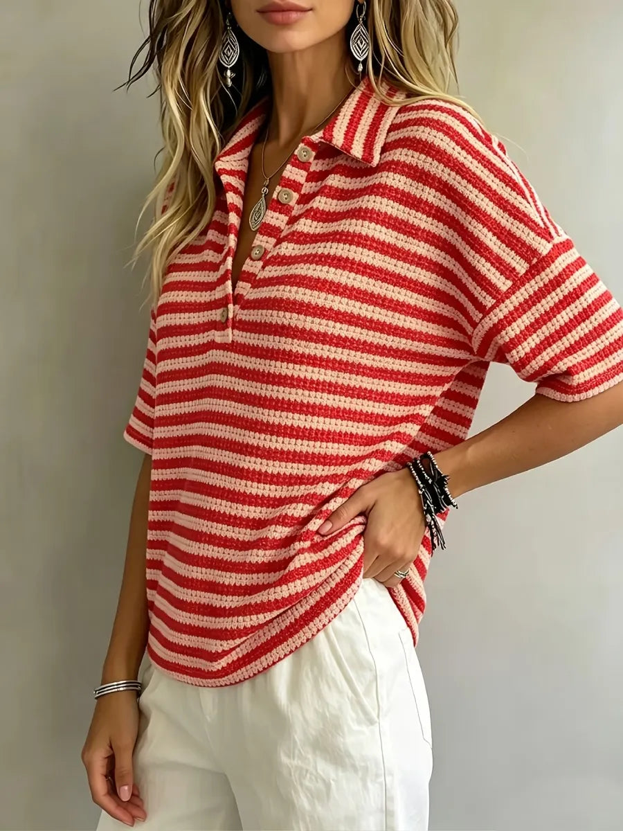 CLEARANCE SALE Women'S Fashion Striped Waffle Short-Sleeved Polo Shirt