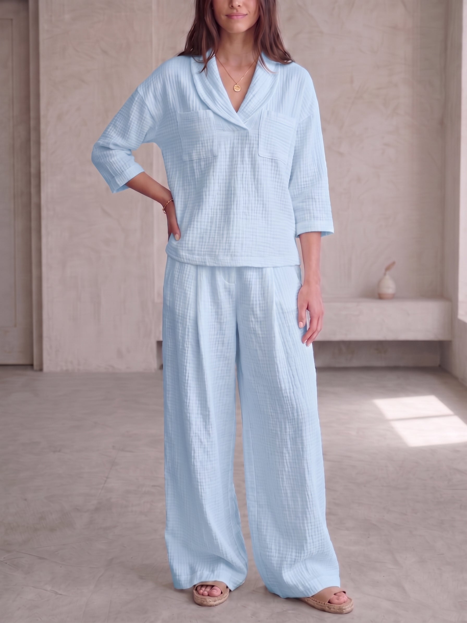 Clearance Sale🔥 Women's Peter Pan Collar V-Neck 3/4-Sleeve Cotton-Linen Two-Piece Set