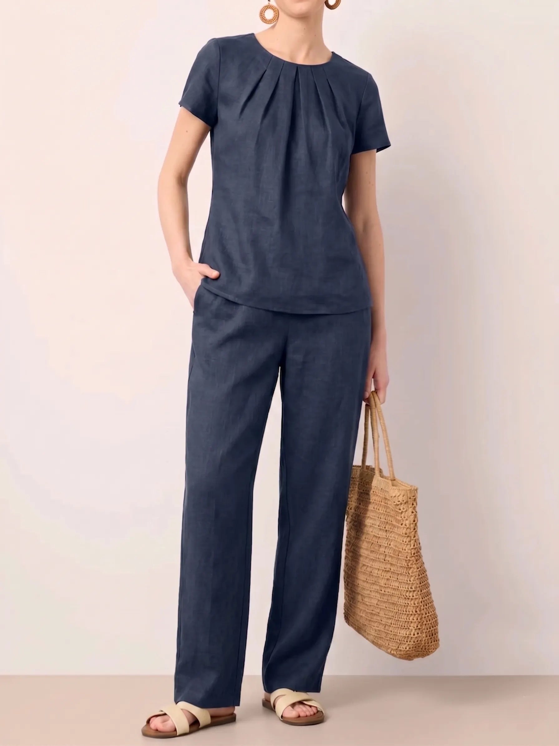 Clearance Sale🔥 Women's Summer Linen Blend 2-Piece Set: Elegant Pleated Round Neck Short Sleeve Top & Wide Leg Long Pants Casual Loungewear
