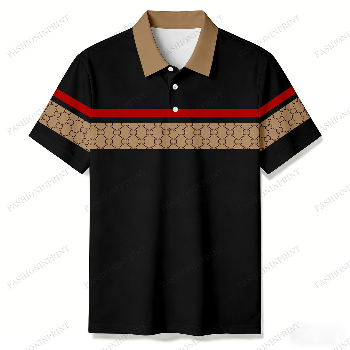 Men's Casual Black & Brown Color Matching Patchwork Striped Printed Short Sleeved Polo Shirt  201977