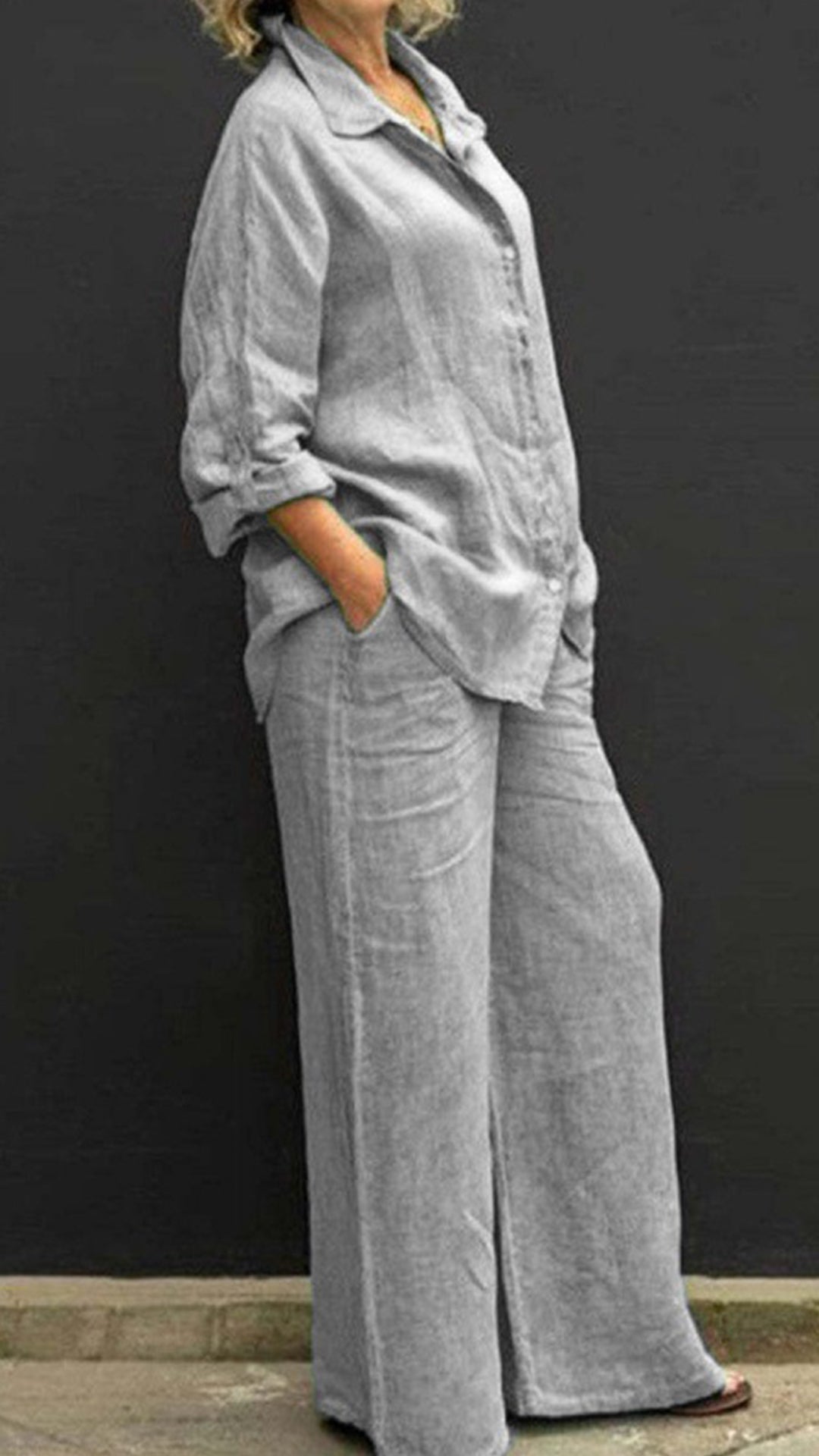 Women's Linen Lapel Shirt & Wide-Leg Pants Two-Piece Set