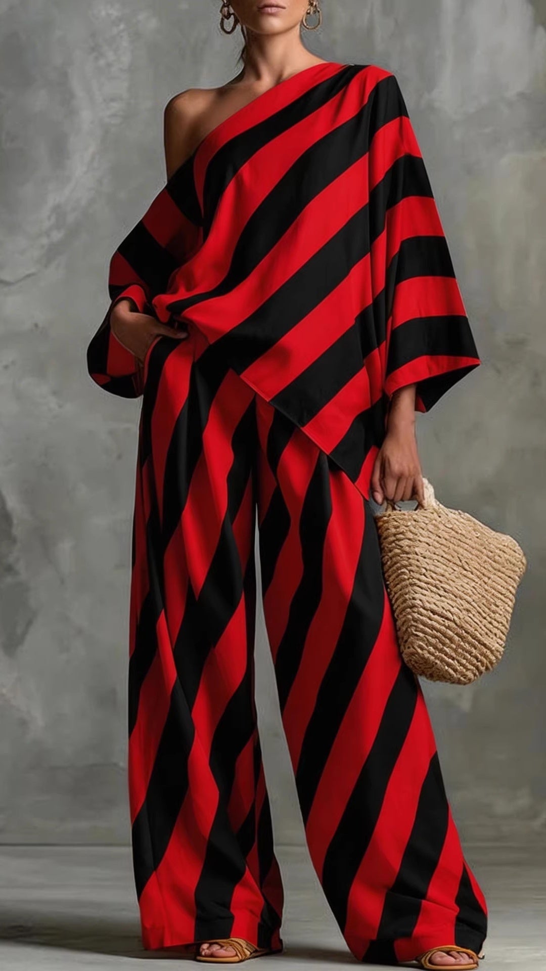 Women's Chic & Laid-back Vintage Striped Two-Piece Set: Fashion Top and Wide-Leg Pants