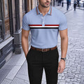 Men's Casual Blue Stripes Printed Short-Sleeve Polo Shirt