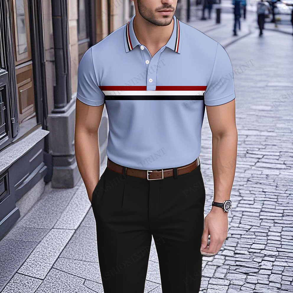 Men's Casual Blue Stripes Printed Short-Sleeve Polo Shirt