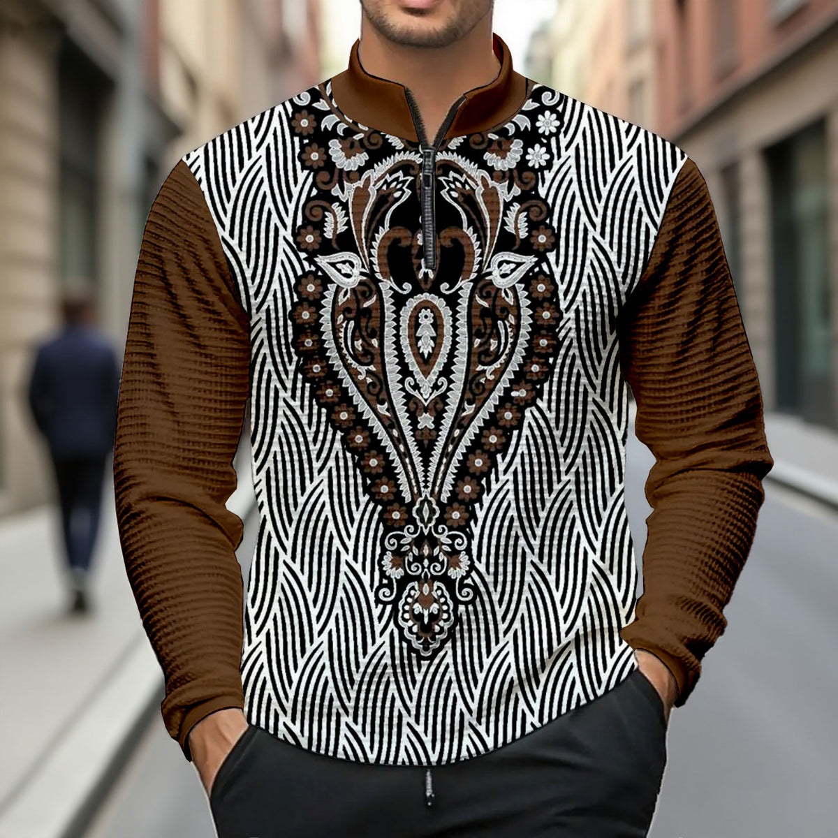 Men's Fashion Casual Stand Collar Zipper Geometric Printed Long-Sleeved T-Shirt