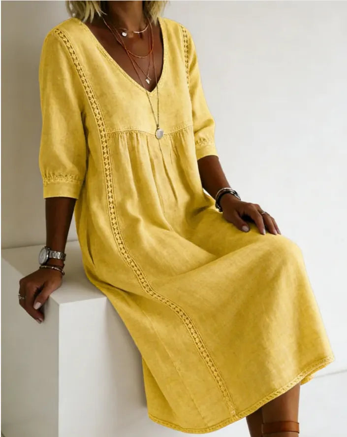 Clearance Sale🔥 Women's Casual Loose-fitting Patchwork Lace Trim Linen And Cotton Dress