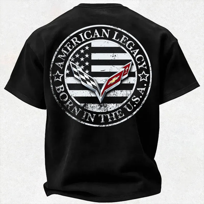 Vette C7 American Legacy Crossed Flags Logo American Flag Vintage Distressed Cotton Print Men's T-Shirt