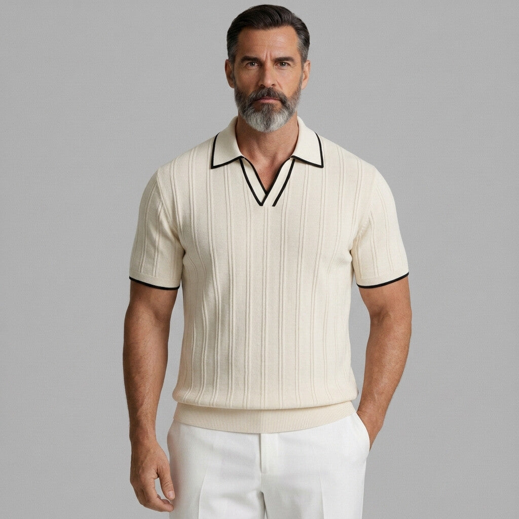 Men's Classic Beige Pit Stripe Contrast Binding Knitted Polo Shirt