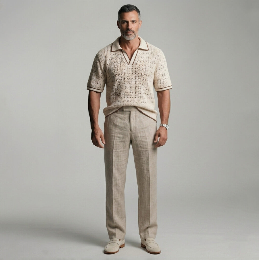 Men's Beige Contrast Binding Turndown Collar Crochet Knit Polo Shirt