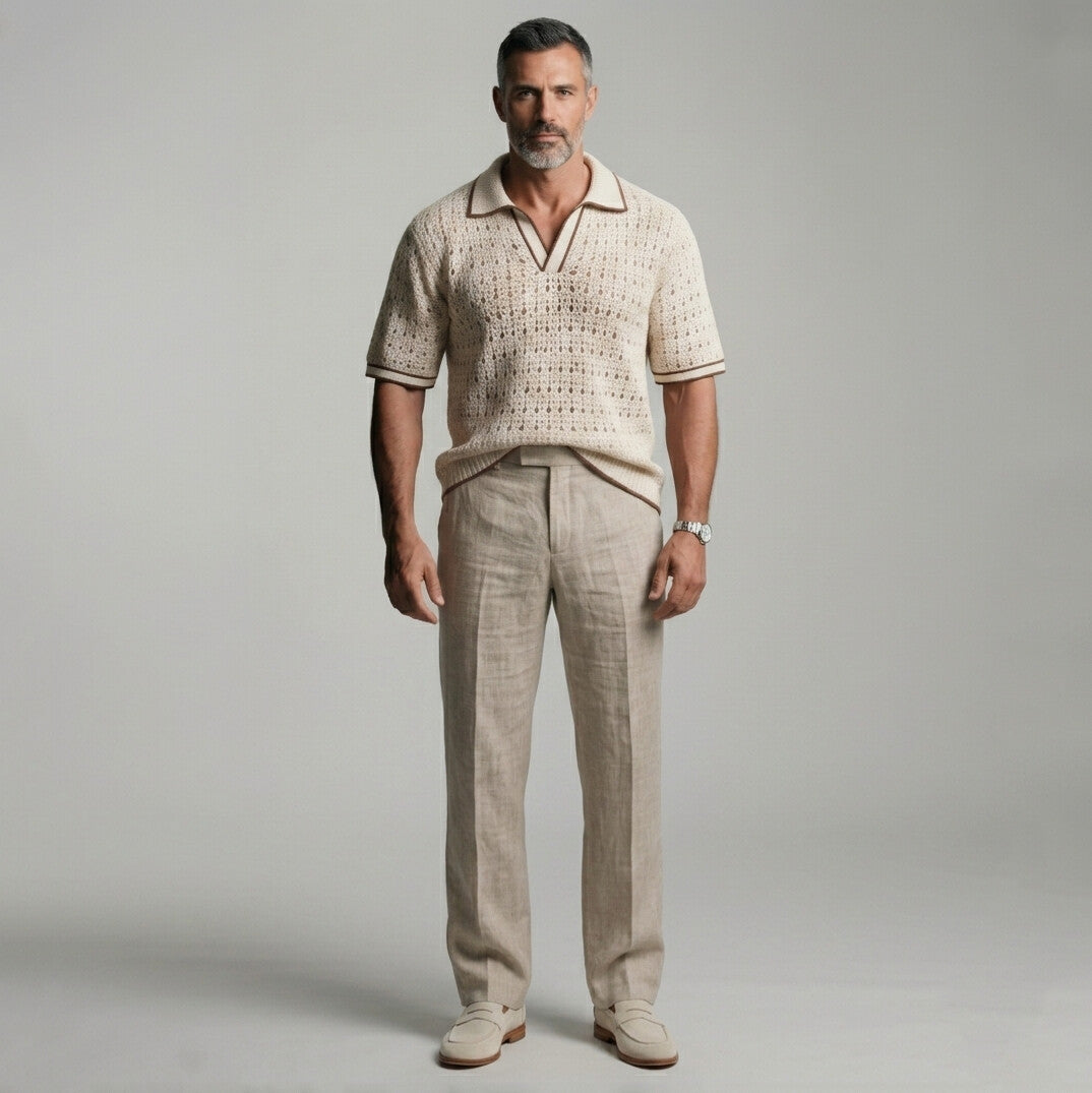 Men's Beige Contrast Binding Turndown Collar Crochet Knit Polo Shirt