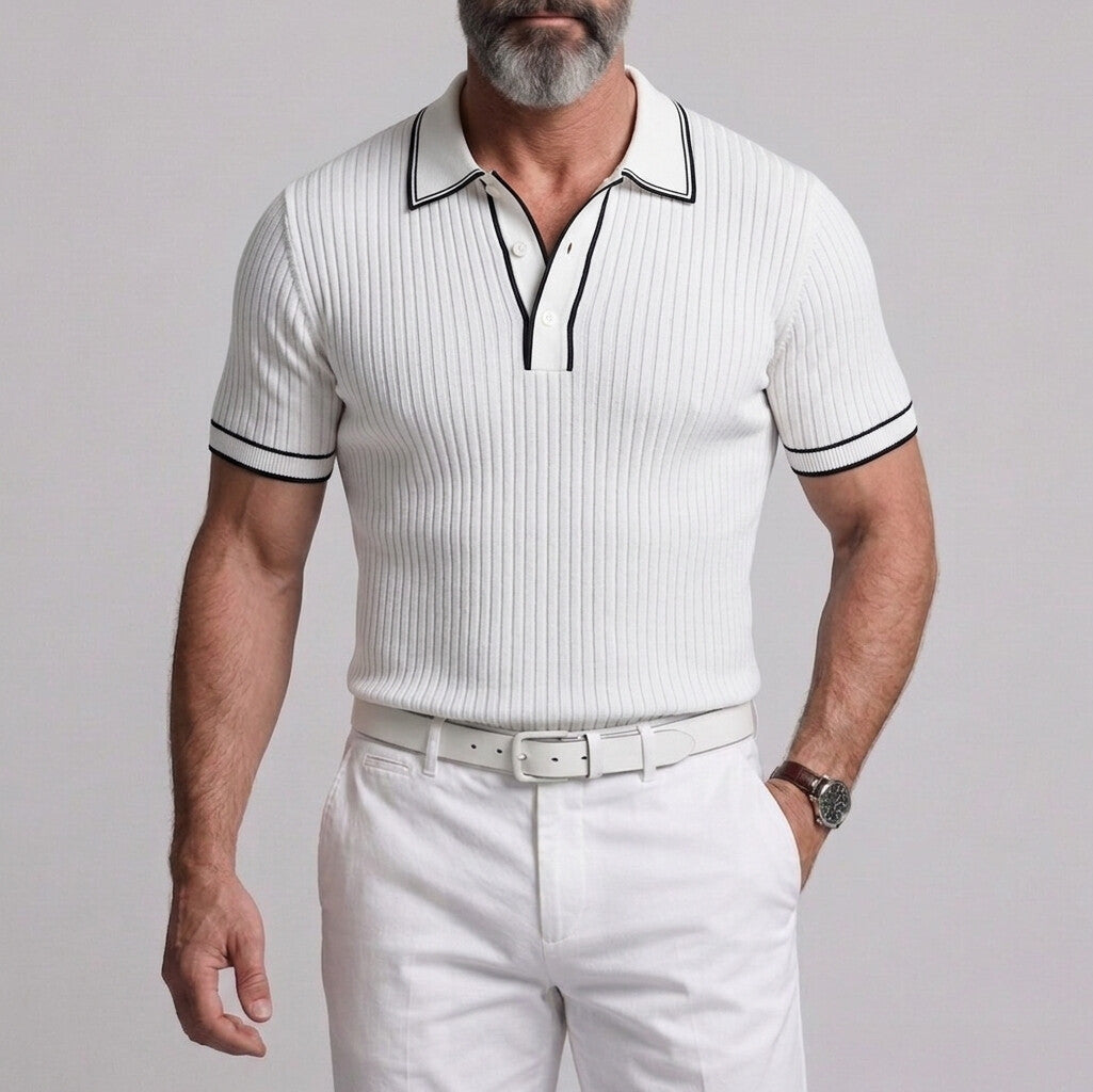 Men's Casual Navy Blue Ribbed Knit Contrast Binding Slim Fit Polo Shirt