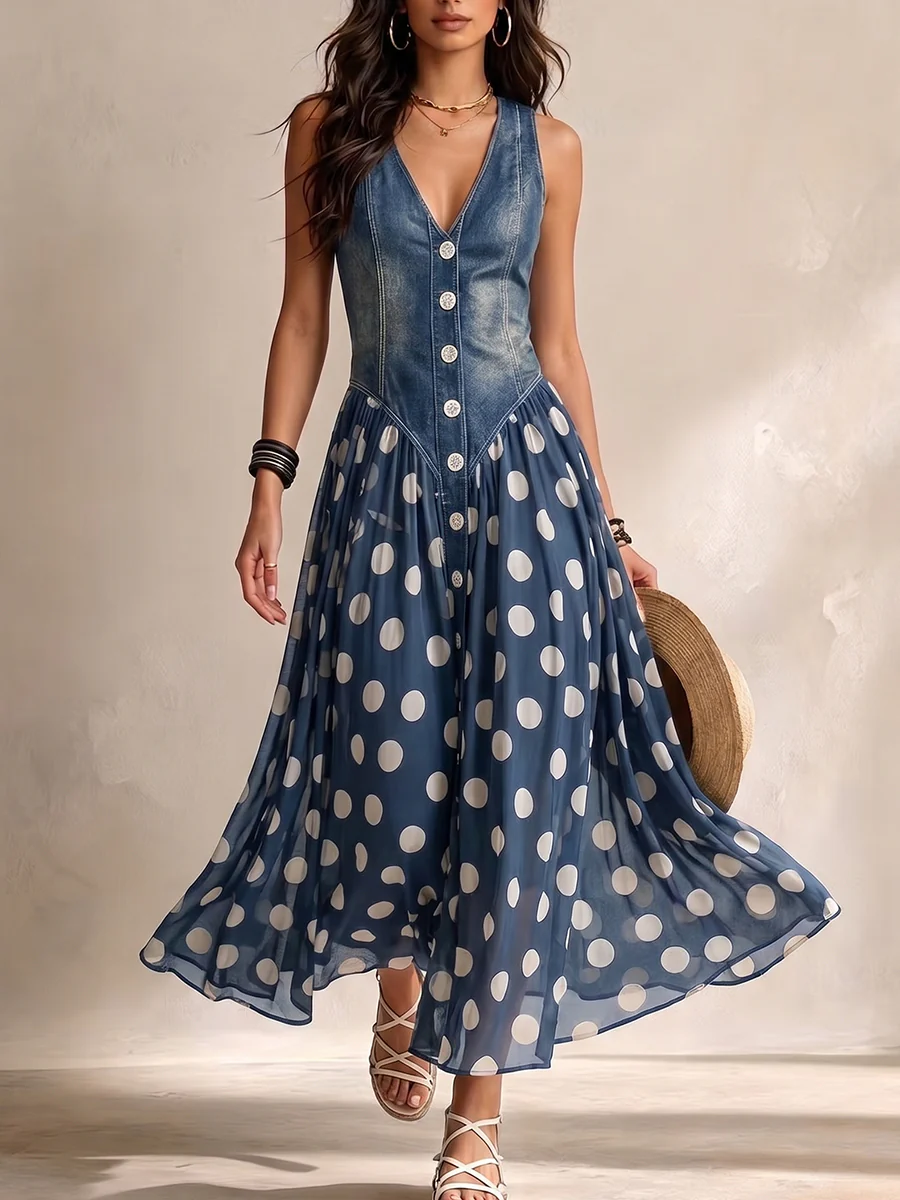 New Arrival - Denim Dress With Polka Dot Chiffon Skirt