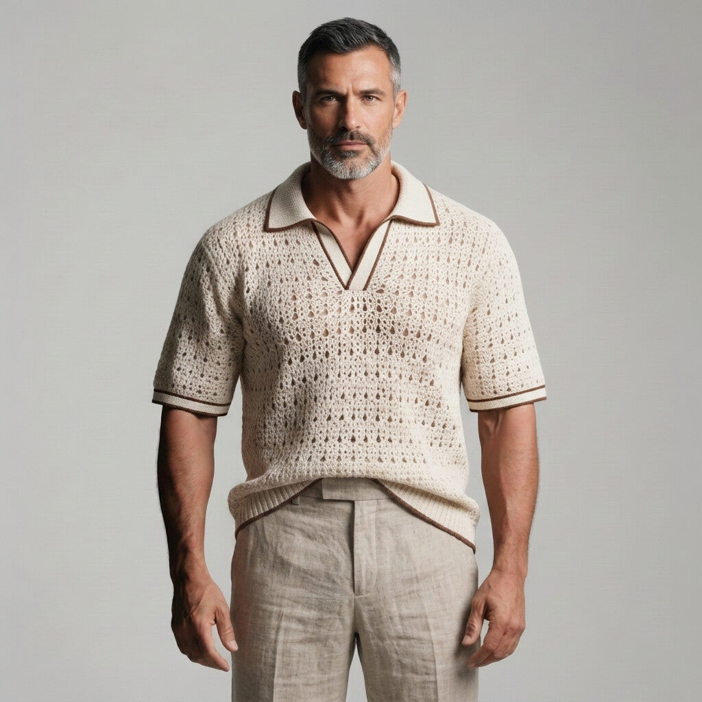 Men's Beige Contrast Binding Turndown Collar Crochet Knit Polo Shirt