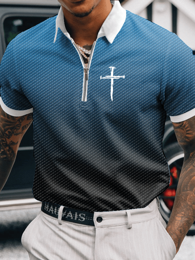 Men's Faith Printed Casual Zip-Up Polo Shirt