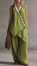 Women's V-Neck Sleeveless Wide-Leg Pants Two-Piece Set with Asymmetrical Buttons