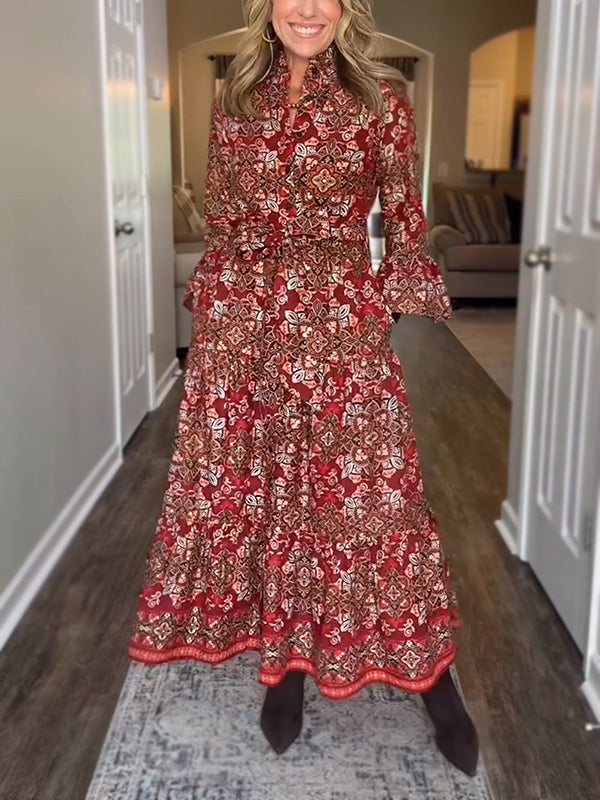 NEW🔥 Vintage Printed Long Sleeve Dress with Tie Belt