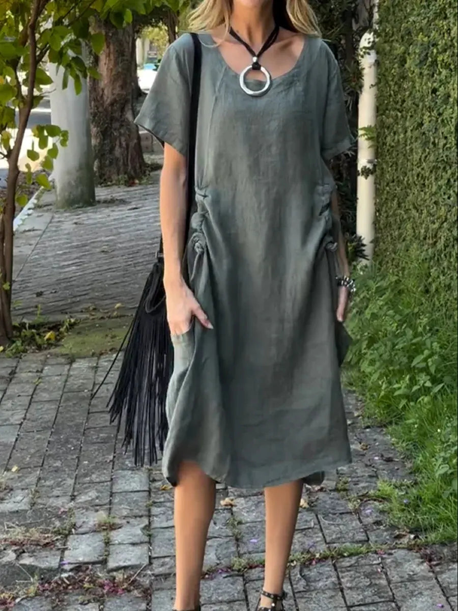 New Arrivals🔥 Linen And Cotton Drawstring adjustment Short-sleeved Dress