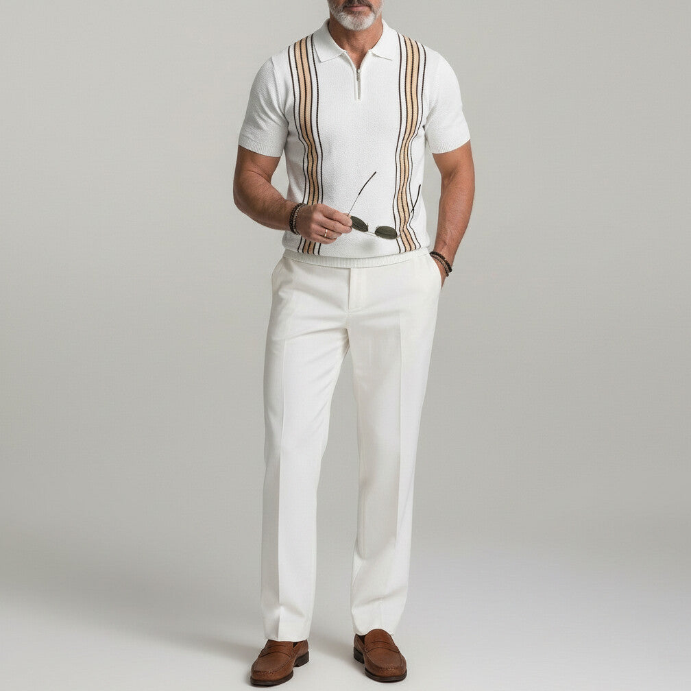 Men's Daily Striped Print Turndown Collar Half-Zip Knitted Polo Shirt