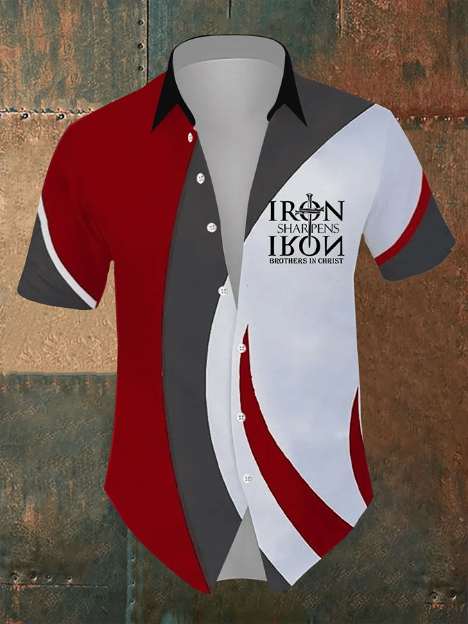 Men's Retro Faith Geometric “Iron Sharpens Iron Brothers In Christ” Short Sleeve Shirt