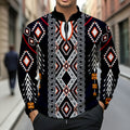 Men's Fashion Casual Stand Collar Zipper Geometric Printed Long-Sleeved T-Shirt