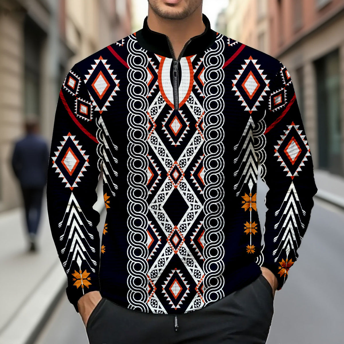 Men's Fashion Casual Stand Collar Zipper Geometric Printed Long-Sleeved T-Shirt
