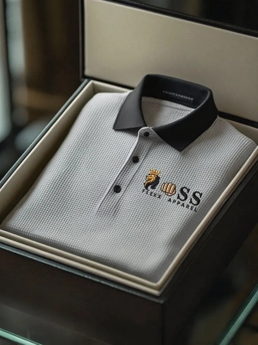Men's Fashion Business Style Letter Printed Waffle Casual Short Sleeve POLO Shirt