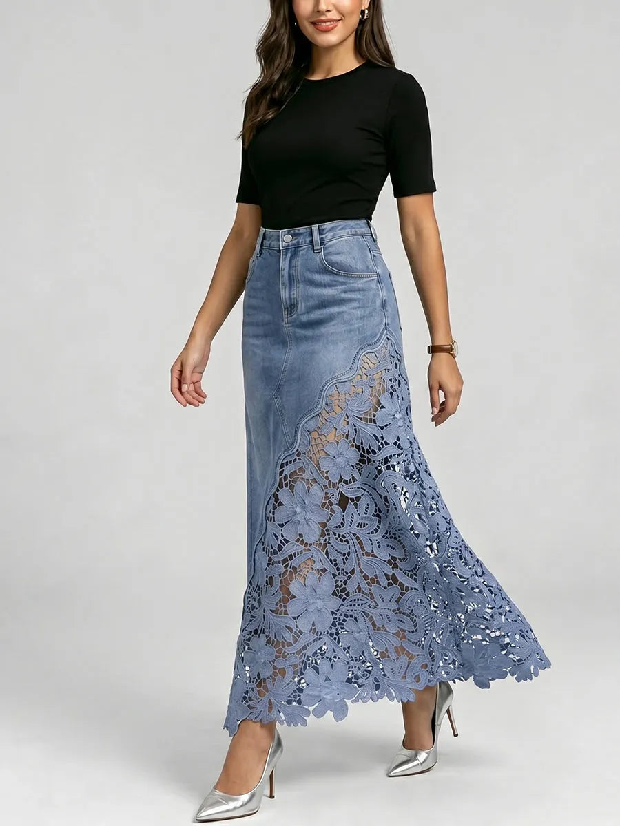 Stylish & Sexy ❤️‍🔥 Lace-paneled Cutout Denim Skirt