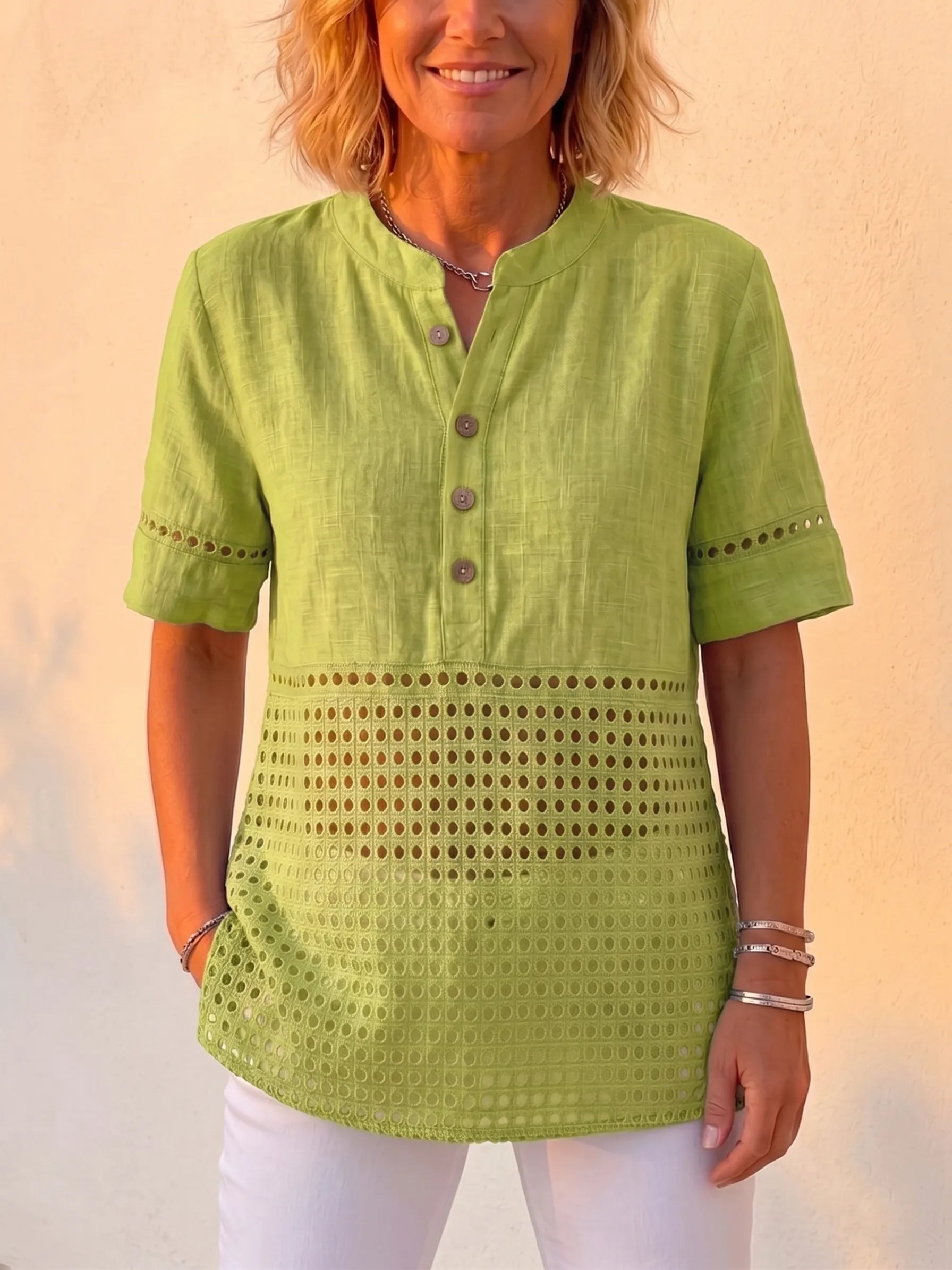 Clearance Sale🔥 Women's Vintage Cotton Linen Eyelet Lace Short Sleeve Shirt, Boho Button-Up Henley Blouse