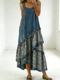 New Arrivals🔥 Women's Fashion Floral Denim Design Sleeveless Multi-layered Ruffled Strap Dress