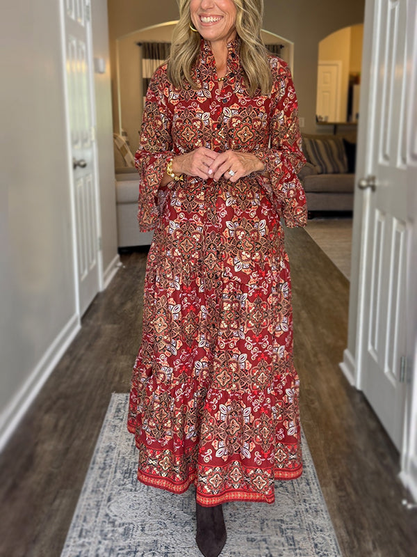 NEW🔥 Vintage Printed Long Sleeve Dress with Tie Belt