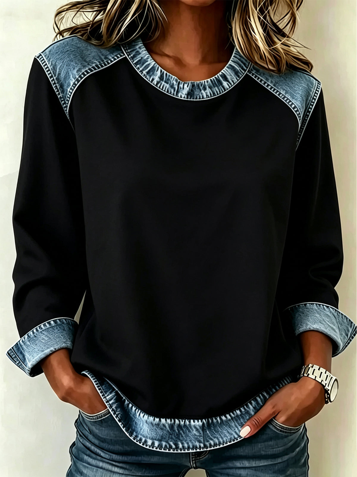 Color Block Denim Patchwork Crew Neck Long Sleeve Blouse