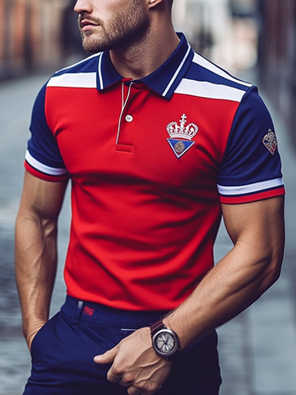 Men's Business Logo Stripe Short Sleeve Button Collar Polo Shirt