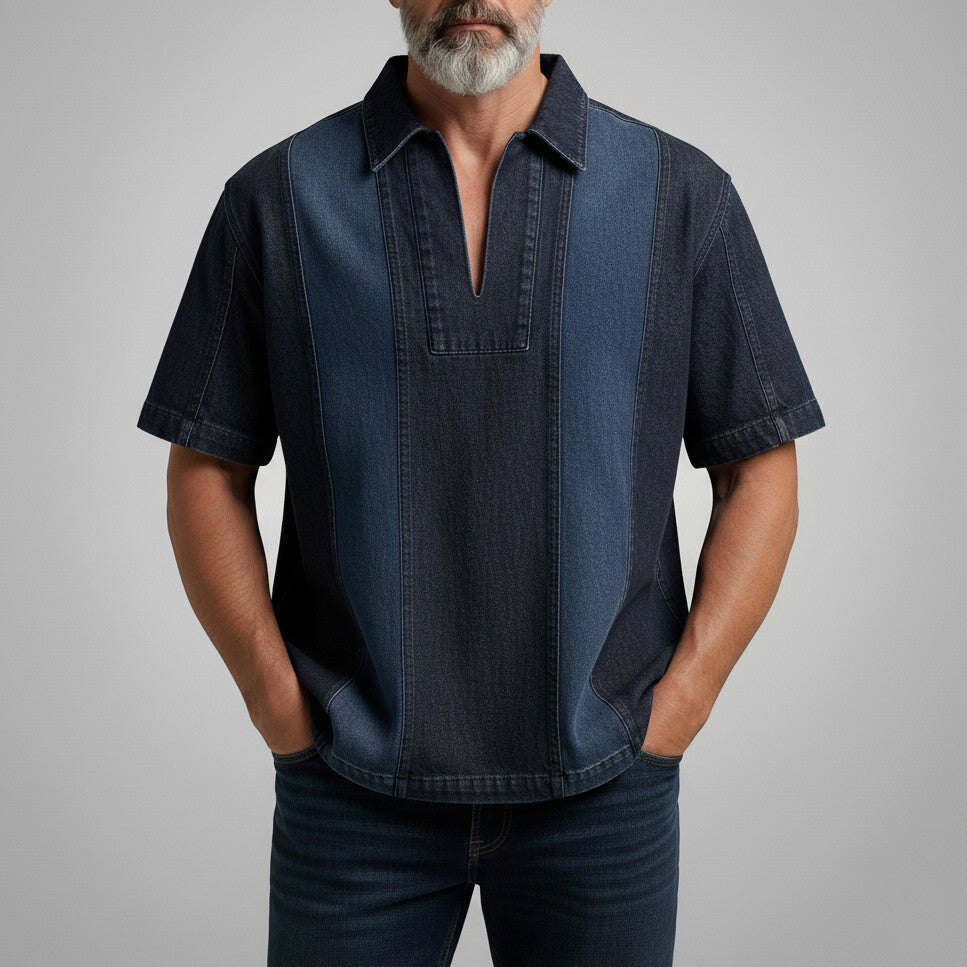 Men's Dark Blue Turndown Collar Contrast Color Seam Detail Short Sleeve Polo Shirt