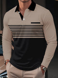 Men's Casual Khaki & Black Color Matching Striped Printed Zipper Long Sleeved Polo Shirt