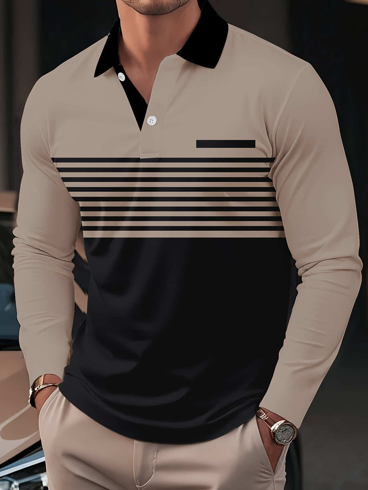 Men's Casual Khaki & Black Color Matching Striped Printed Zipper Long Sleeved Polo Shirt