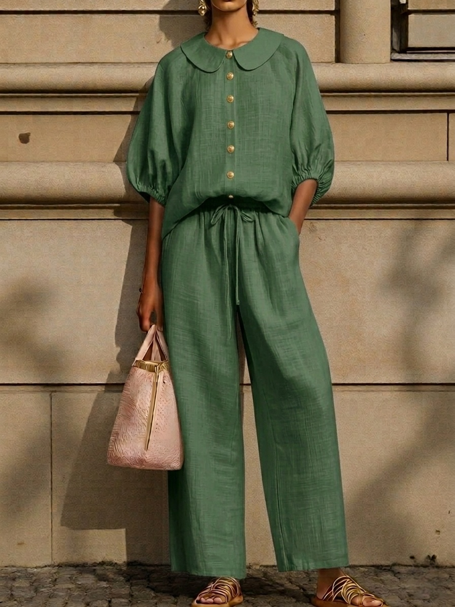 Clearance Sale🔥 Stylish Peter Pan Collar Shirt And Wide-leg Pant Linen Two-piece Set