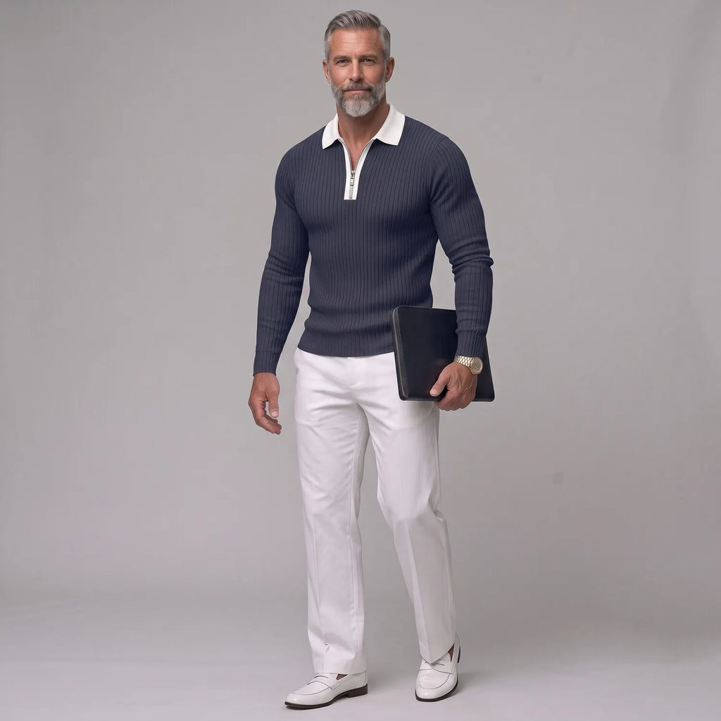Men's Business Casual Solid Color Ribbed Knit Slim Zipper Long Sleeve Polo Shirt