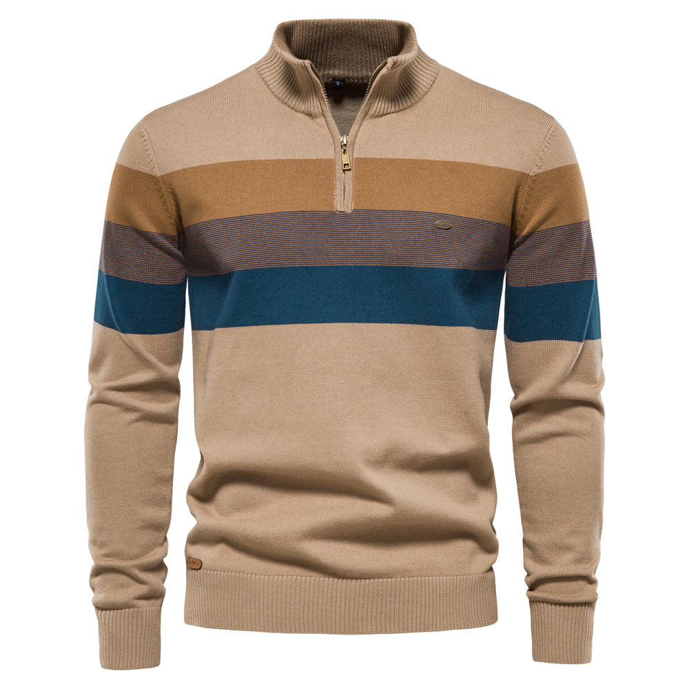Men's Contrast Color Stand Collar Zip Long Sleeve Fleece Sweatshirt
