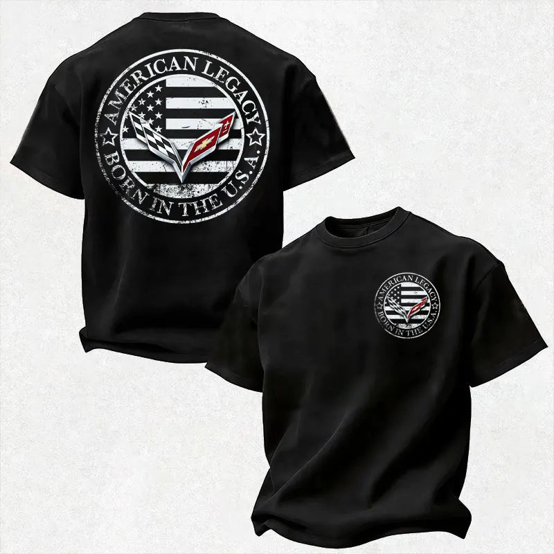 Vette C7 American Legacy Crossed Flags Logo American Flag Vintage Distressed Cotton Print Men's T-Shirt