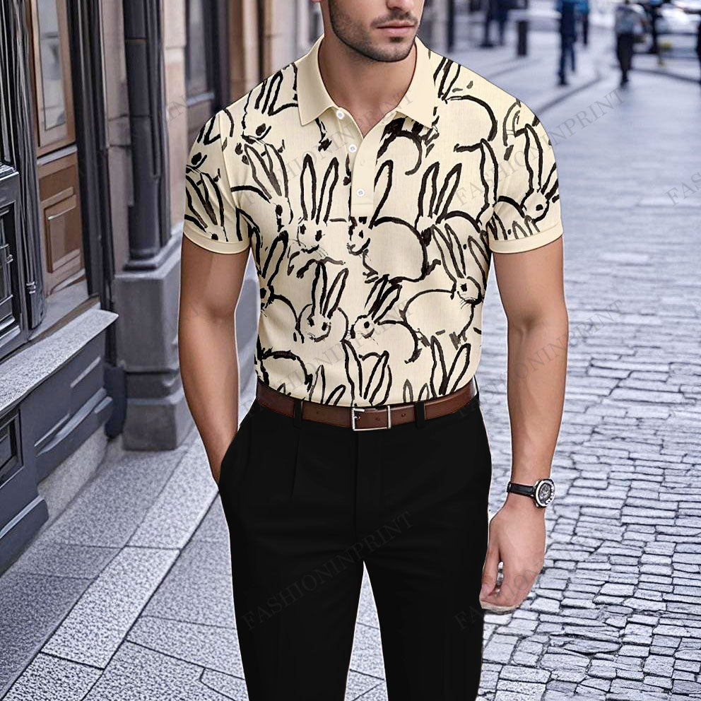 Men's Casual Beige Rabbit Printed Short-Sleeve Polo Shirt