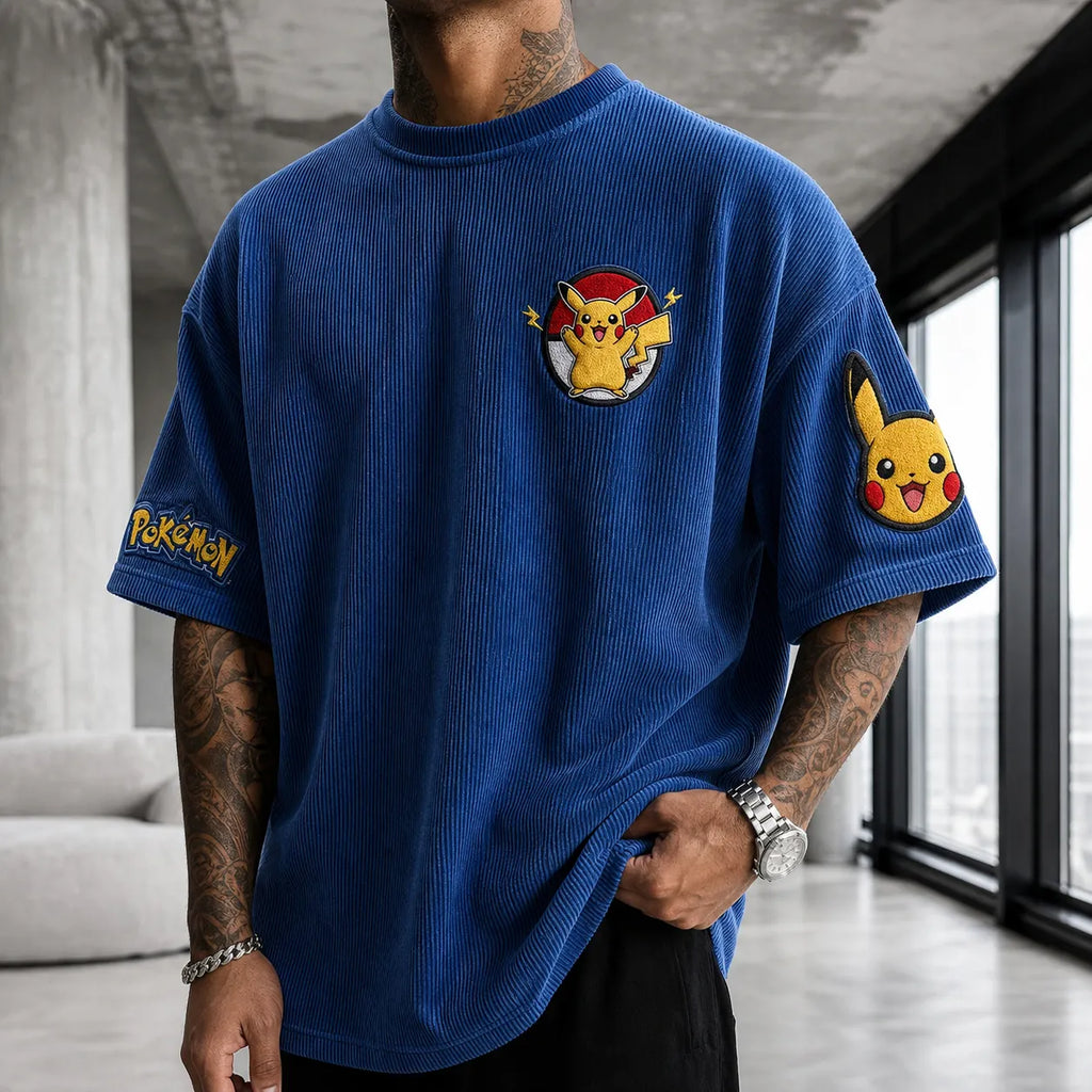 Pokémon Unisex Anime-Style Retro Corduroy Oversized T-Shirt