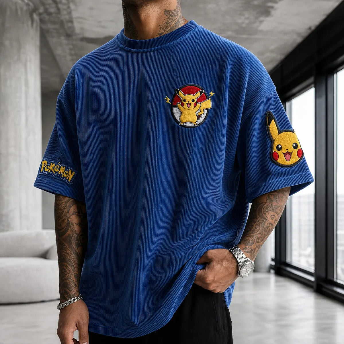 Pokémon Unisex Anime-Style Retro Corduroy Oversized T-Shirt