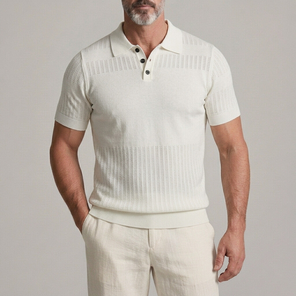 Men's Solid Color Turndown Collar Hollow Out Knit Texture Slim Polo Shirt