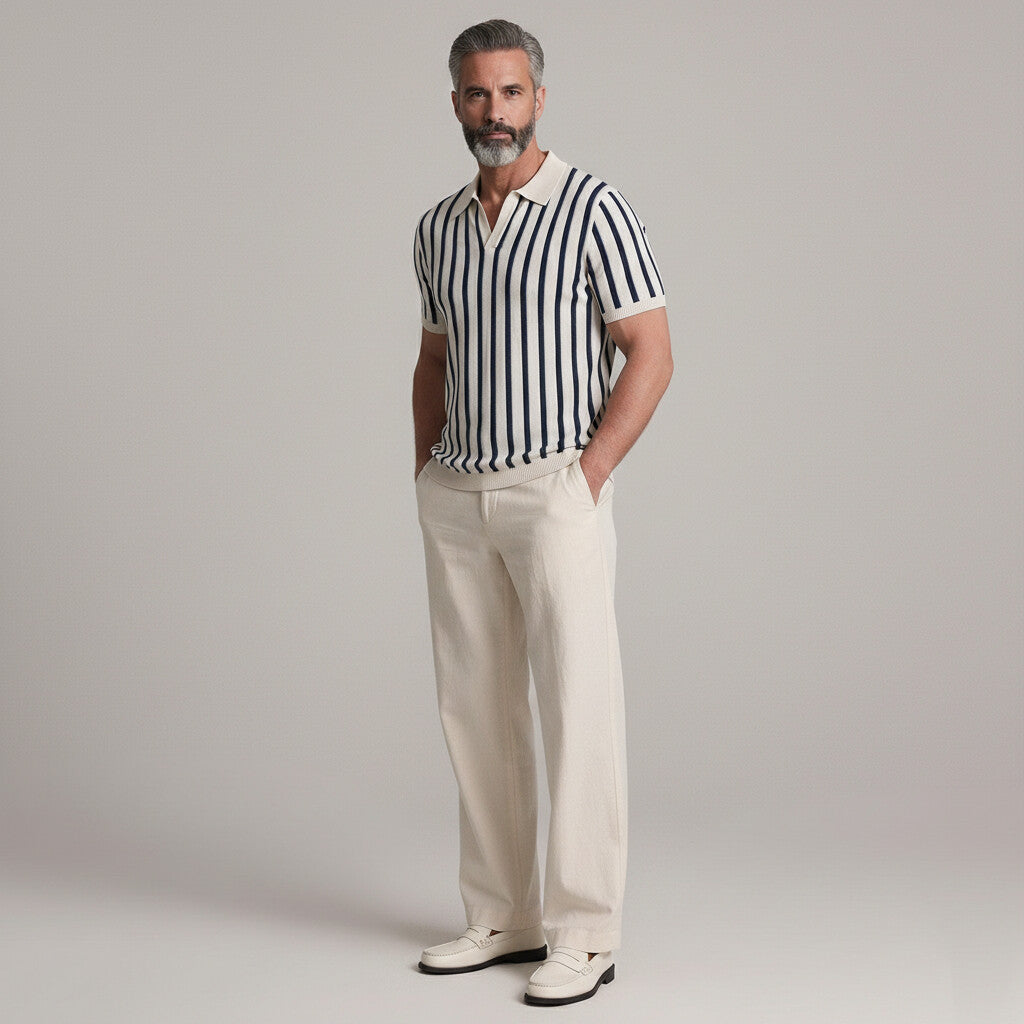 Men's Casual Contrast Striped Print Knitted Slim Polo Shirt