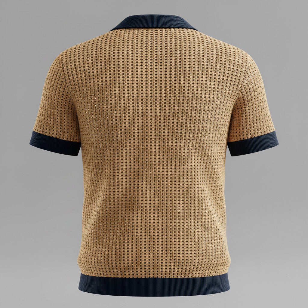 Men's Khaki Turndown Collar Contrast Trim Knitted Hollow Out Polo Shirt