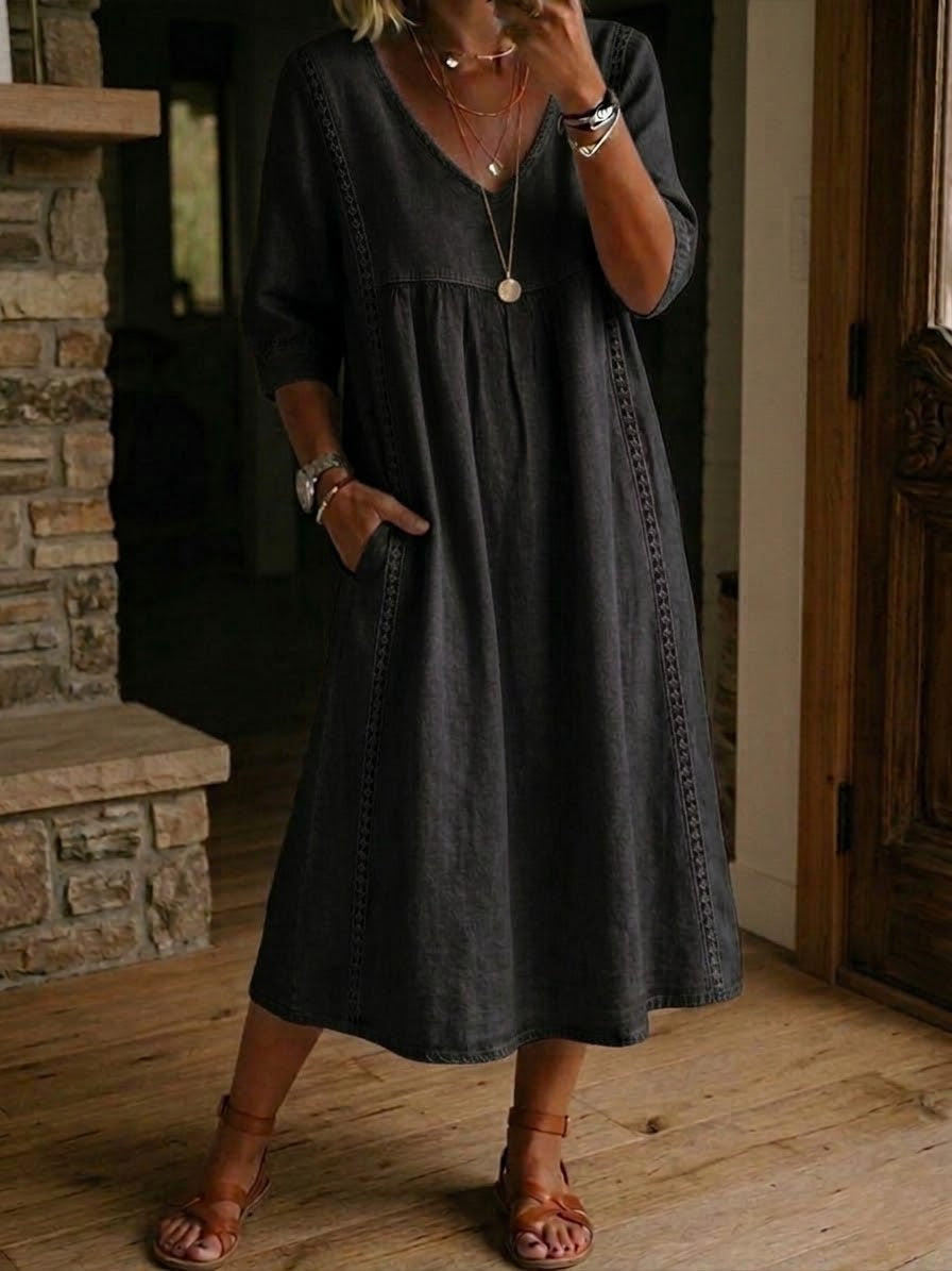 Clearance Sale🔥 Women's Casual Loose-fitting Patchwork Lace Trim Linen And Cotton Dress