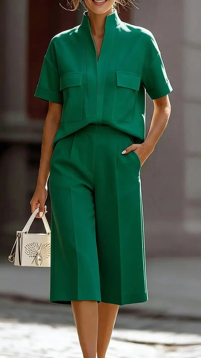 Women's Casual Loose-Fit Solid-Color Two-Piece Set with Pockets