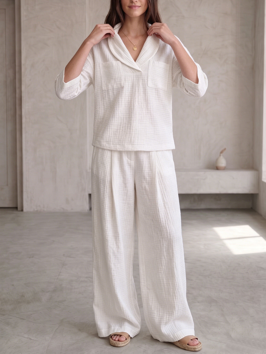 Clearance Sale🔥 Women's Peter Pan Collar V-Neck 3/4-Sleeve Cotton-Linen Two-Piece Set